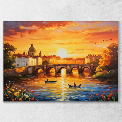 Quadro Moderno Città Astratto Incantevole Tramonto Cittadino Su Fiume Con Barca E Ponte Antico ct13 quadro stampato su tela