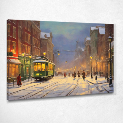 Quadro Moderno Città Astratto Nostalgica Città Invernale Con Tram Verde Su Strada Nevicata ct16 quadro stampato su tela