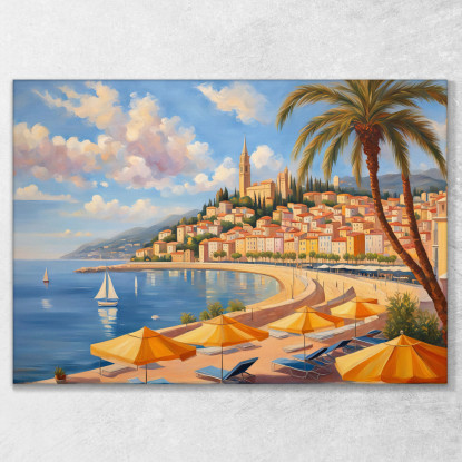 Quadro Moderno Città Astratto Panorama Incantevole Di Mentone Colline Colorate E Mare Blu ct19 quadro stampato su tela