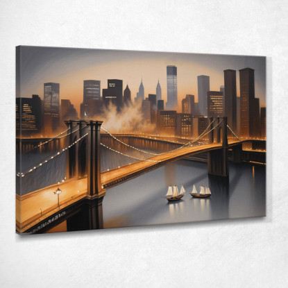 Quadro Moderno Città Astratto Skyline Di New York E Ponte Di Brooklyn Illuminato Al Tramonto ct27 quadro stampato su tela