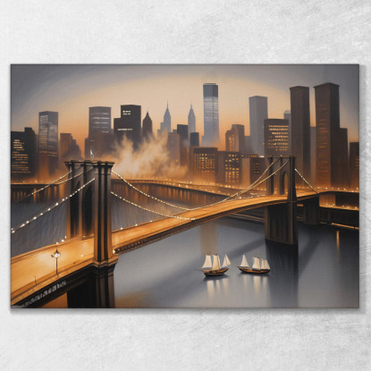 Quadro Moderno Città Astratto Skyline Di New York E Ponte Di Brooklyn Illuminato Al Tramonto ct27 quadro stampato su tela