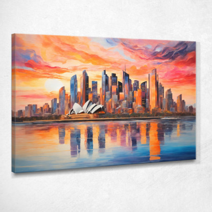 Quadro Moderno Città Astratto Vista Astratta Di Sydney Al Tramonto Con Teatro Dell'Opera E Skyline ct34 quadro stampato su tela