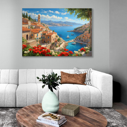 Quadro Moderno Città Astratto Vista Sulla Costa Mediterranea Con Vele E Fiori Colorati ct35 quadro stampato su tela