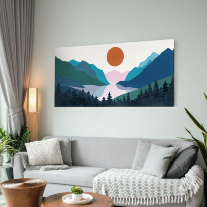 Quadro Boho Chic Illustrazione Paesaggio Montagne Colorate Con Foresta Di Pini E Lago Al Tramonto bol3 quadro stampato su tela