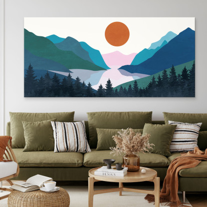 Quadro Boho Chic Illustrazione Paesaggio Montagne Colorate Con Foresta Di Pini E Lago Al Tramonto bol3 quadro stampato su tela