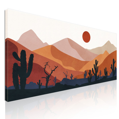 Quadro Boho Chic Illustrazione Paesaggio Deserto Montuoso Con Cactus E Sole Al Tramonto bol4 quadro stampato su tela