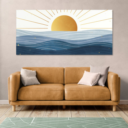 Quadro Boho Chic Illustrazione Paesaggio Alba Sul Mare Con Sole Dorato E Onde Blu bol6 quadro stampato su tela