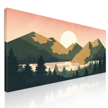 Quadro Boho Chic Illustrazione Paesaggio Tramonto Sulle Montagne Con Sole E Foresta bol8 quadro stampato su tela