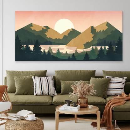 Quadro Boho Chic Illustrazione Paesaggio Tramonto Sulle Montagne Con Sole E Foresta bol8 quadro stampato su tela