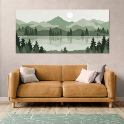 Quadro Boho Chic Illustrazione Paesaggio Lago Tra Le Montagne Verdi Al Tramonto bol9 quadro stampato su tela