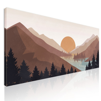 Quadro Boho Chic Illustrazione Paesaggio Tramonto Sulle Montagne Con Riflessi Sul Lago bol10 quadro stampato su tela