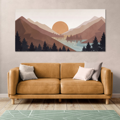 Quadro Boho Chic Illustrazione Paesaggio Tramonto Sulle Montagne Con Riflessi Sul Lago bol10 quadro stampato su tela