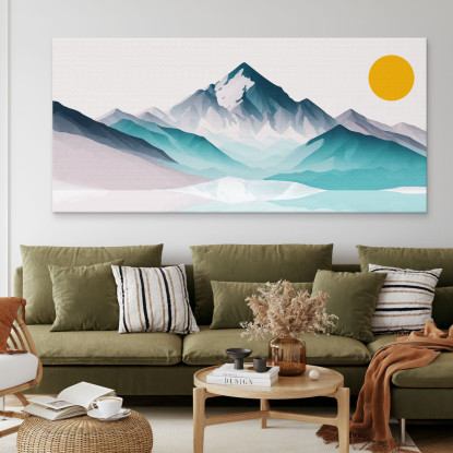 Quadro Boho Chic Illustrazione Paesaggio Montagna Innevata Con Sole Giallo bol11 quadro stampato su tela