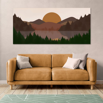 Quadro Boho Chic Illustrazione Paesaggio Collina Al Tramonto Con Alberi E Lago bol13 quadro stampato su tela