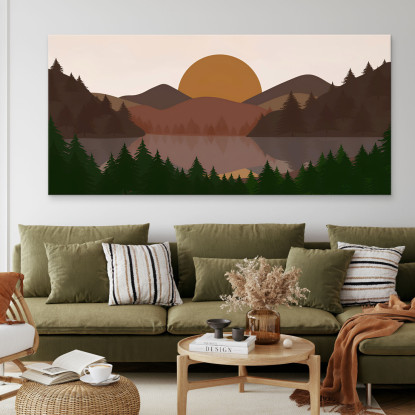 Quadro Boho Chic Illustrazione Paesaggio Collina Al Tramonto Con Alberi E Lago bol13 quadro stampato su tela