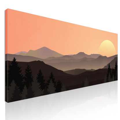 Quadro Boho Chic Illustrazione Paesaggio Tramonto Montuoso Con Sole E Foresta bol14 quadro stampato su tela