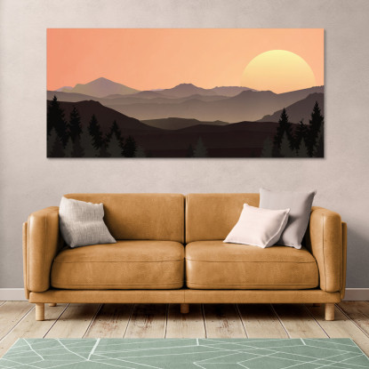 Quadro Boho Chic Illustrazione Paesaggio Tramonto Montuoso Con Sole E Foresta bol14 quadro stampato su tela