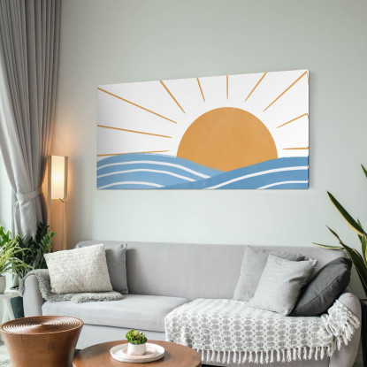 Quadro Boho Chic Illustrazione Paesaggio Alba Sul Mare Con Onde E Raggi Di Sole bol15 quadro stampato su tela