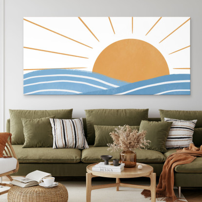 Quadro Boho Chic Illustrazione Paesaggio Alba Sul Mare Con Onde E Raggi Di Sole bol15 quadro stampato su tela