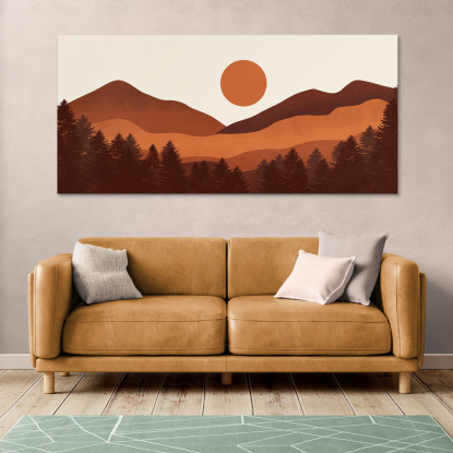 Quadro Boho Chic Illustrazione Paesaggio Paesaggio Montano Con Tramonto bol17 quadro stampato su tela