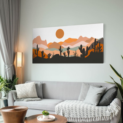 Quadro Boho Chic Illustrazione Paesaggio Montagne Con Cactus E Sole Al Tramonto bol18 quadro stampato su tela