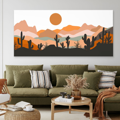 Quadro Boho Chic Illustrazione Paesaggio Montagne Con Cactus E Sole Al Tramonto bol18 quadro stampato su tela