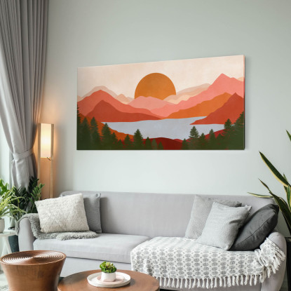 Quadro Boho Chic Illustrazione Paesaggio Montagne Rosse Con Lago E Tramonto bol19 quadro stampato su tela