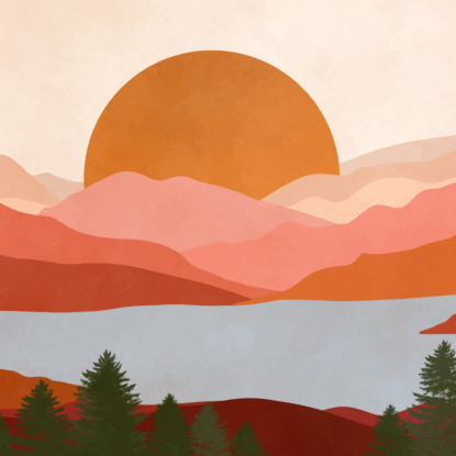 Quadro Boho Chic Illustrazione Paesaggio Montagne Rosse Con Lago E Tramonto bol19 quadro stampato su tela