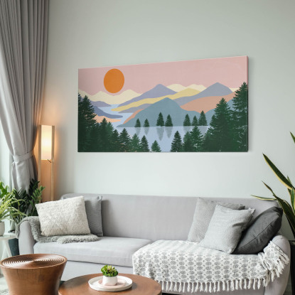 Quadro Boho Chic Illustrazione Paesaggio Alba Sul Lago Con Pini E Montagne bol21 quadro stampato su tela