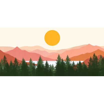 Quadro Boho Chic Illustrazione Paesaggio Foresta Di Pini Con Montagne E Sole bol23 quadro stampato su tela