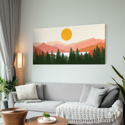 Quadro Boho Chic Illustrazione Paesaggio Foresta Di Pini Con Montagne E Sole bol23 quadro stampato su tela