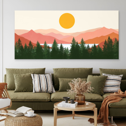 Quadro Boho Chic Illustrazione Paesaggio Foresta Di Pini Con Montagne E Sole bol23 quadro stampato su tela