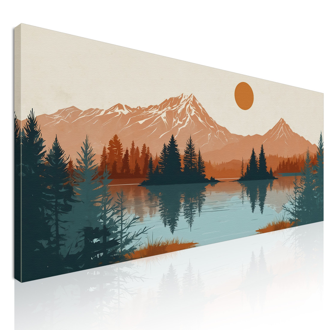 Quadro Boho Chic Illustrazione Paesaggio Montagne Riflesse Nel Lago Al Tramonto bol34 quadro stampato su tela Quadro Boho Chic Illustrazione Paesaggio Montagne Riflesse Nel Lago Al Tramonto bol34 quadro stampato su tela