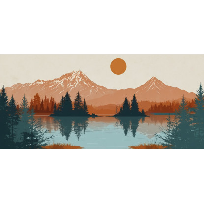 Quadro Boho Chic Illustrazione Paesaggio Montagne Riflesse Nel Lago Al Tramonto bol34 quadro stampato su tela