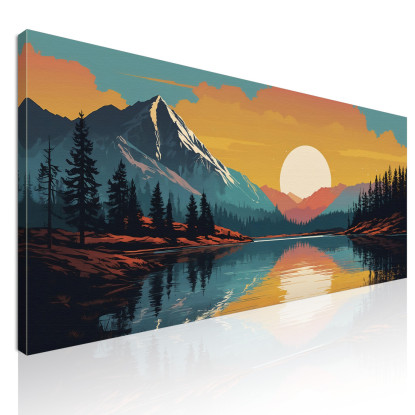 Quadro Boho Chic Illustrazione Paesaggio Montagna Al Tramonto Riflessa Nel Lago bol35 quadro stampato su tela