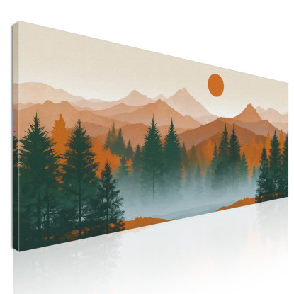 Quadro Boho Chic Illustrazione Paesaggio Tramonto Su Foresta E Montagne Con Pini E Nebbia bol38 quadro stampato su tela