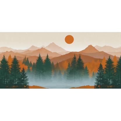 Quadro Boho Chic Illustrazione Paesaggio Tramonto Su Foresta E Montagne Con Pini E Nebbia bol38 quadro stampato su tela