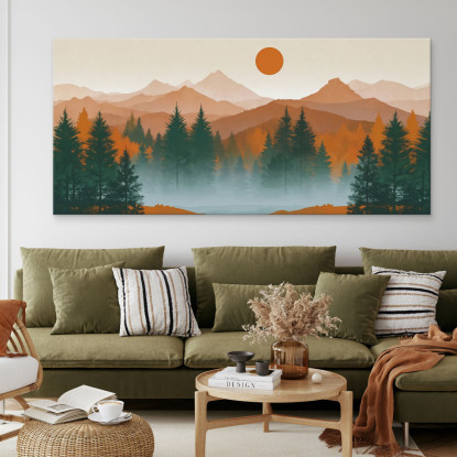 Quadro Boho Chic Illustrazione Paesaggio Tramonto Su Foresta E Montagne Con Pini E Nebbia bol38 quadro stampato su tela