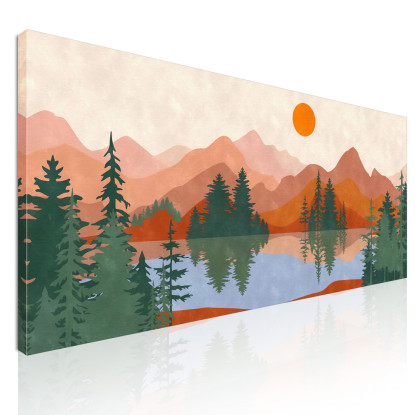 Quadro Boho Chic Illustrazione Paesaggio Tramonto Sul Lago Con Montagne E Alberi bol40 quadro stampato su tela