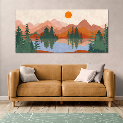 Quadro Boho Chic Illustrazione Paesaggio Tramonto Sul Lago Con Montagne E Alberi bol40 quadro stampato su tela