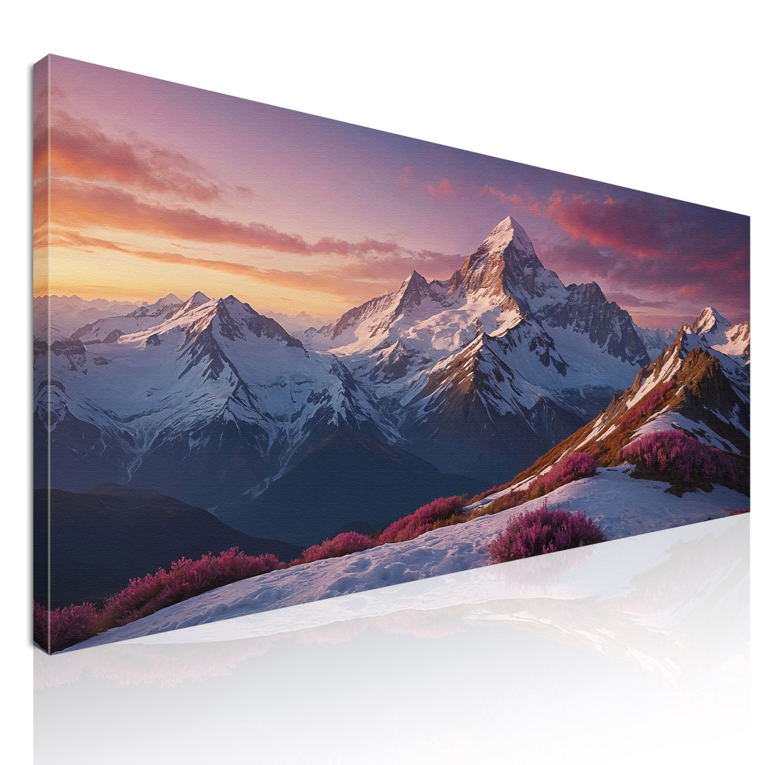 Quadro Montagne Tramonto Sulle Montagne Innevate Con Fiori Rosa mow36 quadro stampato su tela Quadro Montagne Tramonto Sulle Montagne Innevate Con Fiori Rosa mow36 quadro stampato su tela