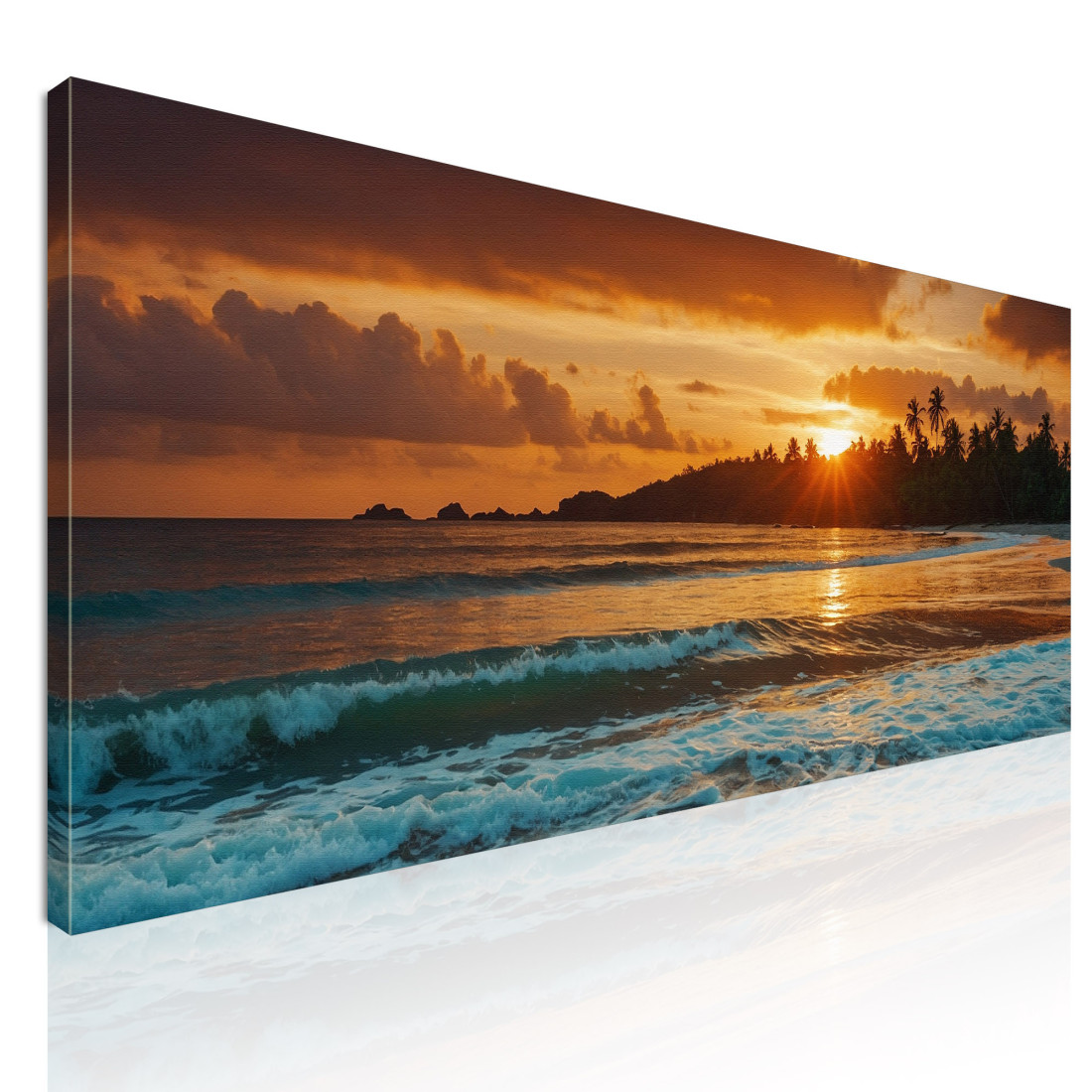 Quadro Paesaggio Mare Spiaggia Tropicale Al Tramonto Con Palme E Onde seal29 quadro stampato su tela