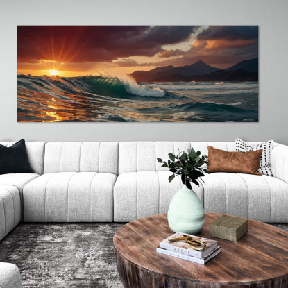 Quadro Paesaggio Mare Onde Al Tramonto E Montagne Maestose seal31 quadro stampato su tela