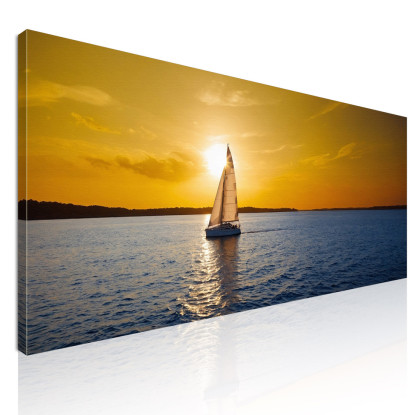 Quadro Paesaggio Mare Tramonto Dorato Con Barca A Vela In Mare seal39 quadro stampato su tela