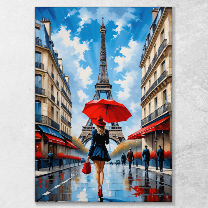 Pintura Moderna Ciudad Abstracta Mujer Elegante Con Paraguas Rojo En Las Calles De París Y Vista De La Torre Eiffel cuadro en l