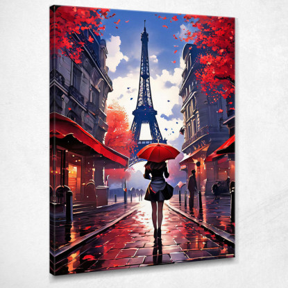 Modern Painting Abstract City Woman With Red Umbrella Walking In Paris With A View Of The Eiffel Tower canvas print