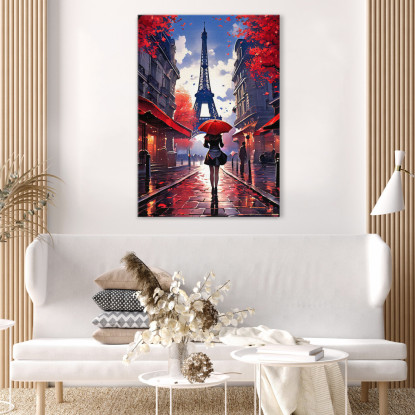 Peinture Moderne Ville Abstraite Femme Avec Parapluie Rouge Marchant À Paris Avec Vue Sur La Tour Eiffel tableau impression sur