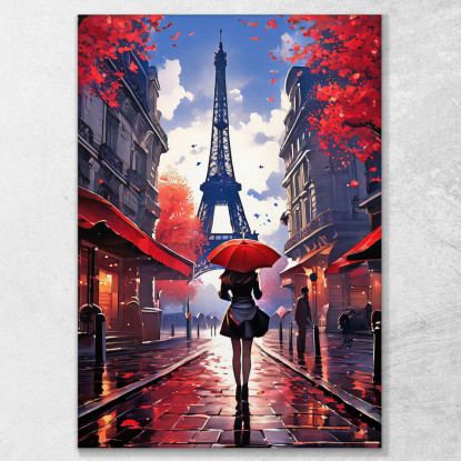 Pintura Moderna Ciudad Abstracta Mujer Con Paraguas Rojo Caminando En París Con Vistas A La Torre Eiffel cuadro en lienzo