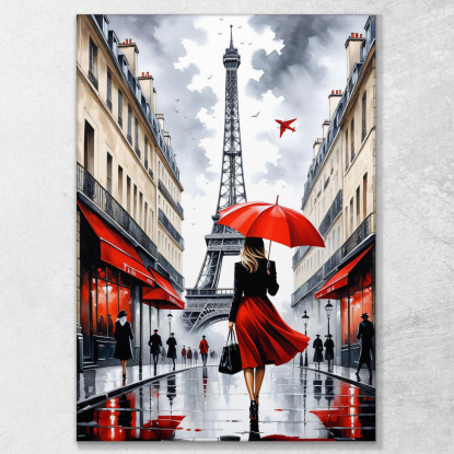 Quadro Moderno Città Astratto Elegante Donna Con Ombrello Rosso Passeggia A Parigi Con Torre Eiffel quadro stampato su tela