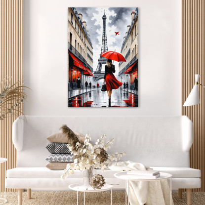 Moderne Malerei Abstrakte Stadt Elegante Frau Mit Rotem Regenschirm, Die In Paris Mit Eiffelturm Spaziert drucken auf leinwand